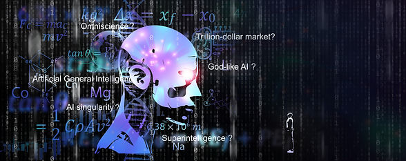 AI profile with a person looking up asking questions; AGI? God-like AI? Omniscience?