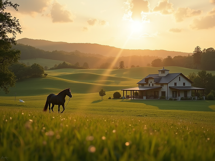 A professional environmental shot of a pristine equestrian estate with rolling green pastu