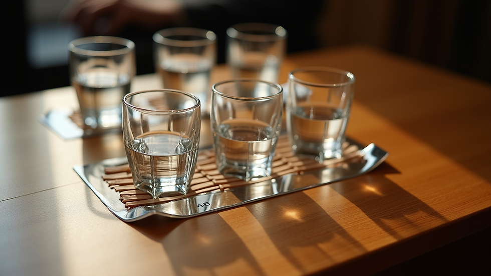 Eye-level view of a sake tasting setup with multiple small glasses arranged neatly