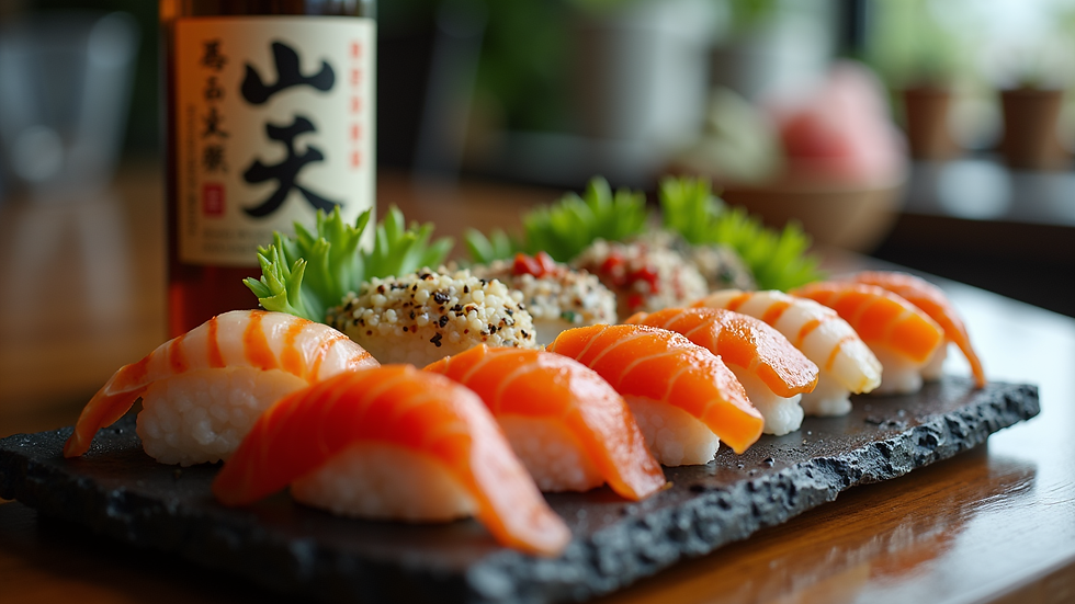 Close-up view of a chilled sake bottle and a sushi platter