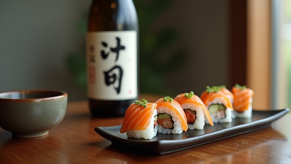 Eye-level view of a sake bottle and sushi rolls on a wooden table