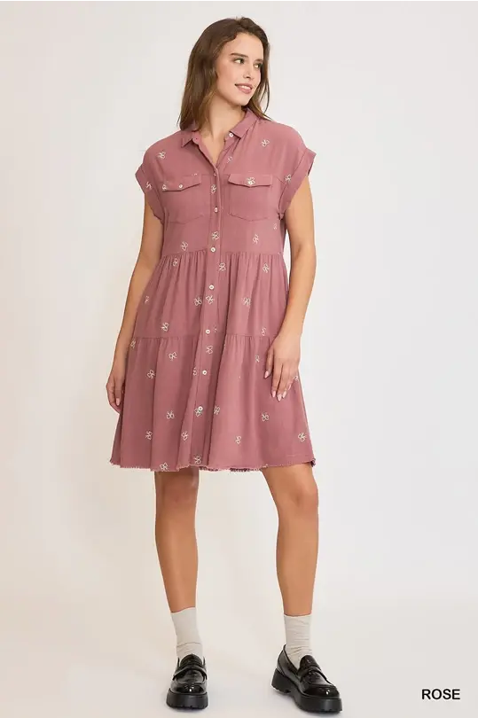 Linen Bow Embroidered Dress