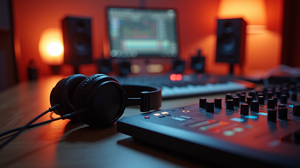Eye-level view of a music producer’s studio with mixing console and headphones