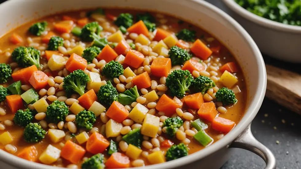 Eye-level view of a pot containing colorful chopped vegetables for barley soup