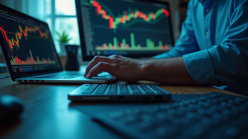 Eye-level view of a trader’s desk with a laptop and trading charts
