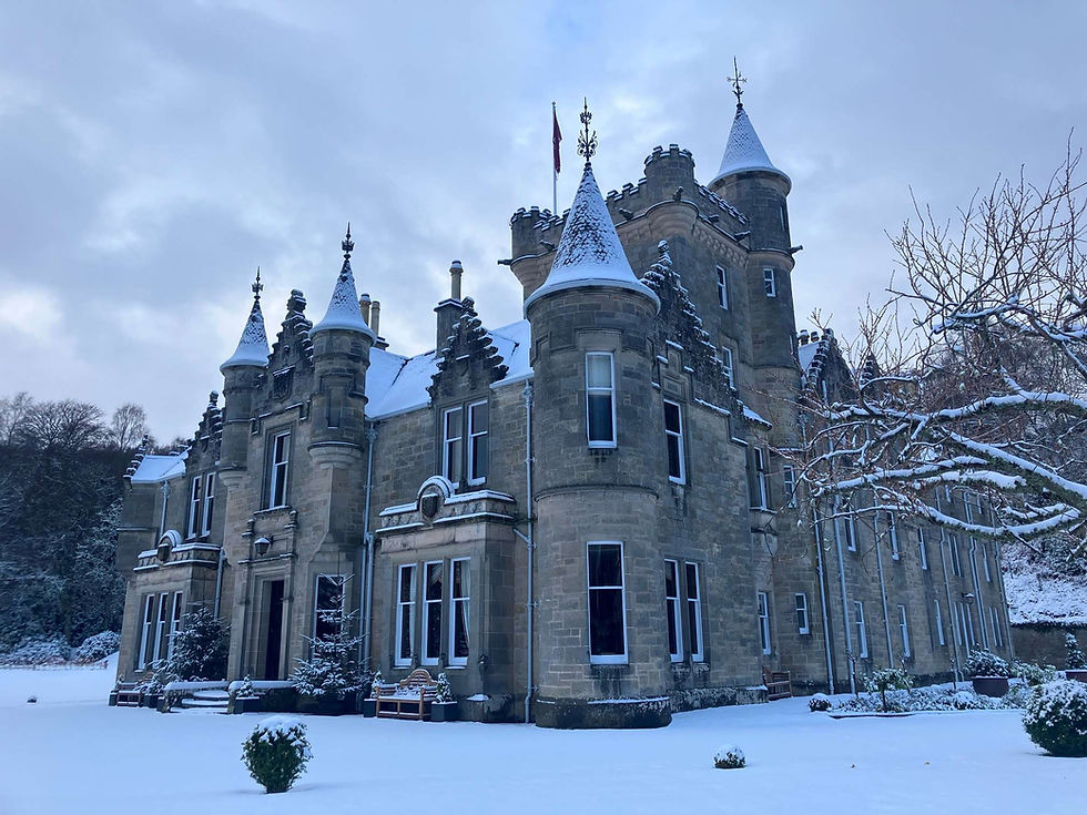 Rothes Glen castle and grounds, covered in a sheet of snow.