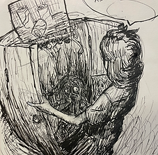 Scratchy ink illustration of a girl opening a closet door, revealing a dark figure covering up their horrified expression.