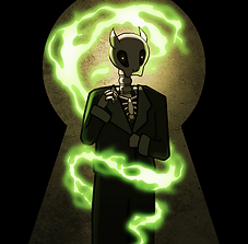 Skeletal figure in trenchcoat framed by a keyhole. Bright green light flows around it. Illustration by Rae S