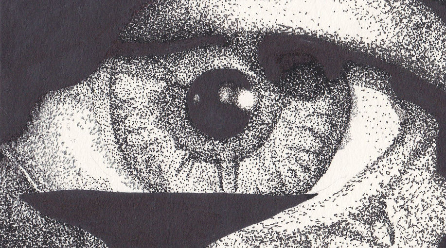 From Music in Darkness -- illustration by Mia G. Depicts a realistic black and white eye
