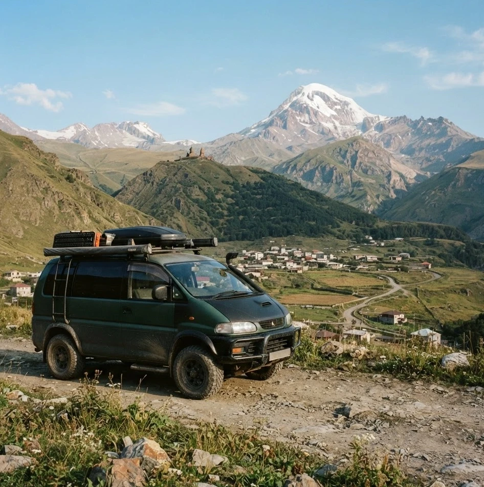 Outdoor photography of a rugged van parked on a dirt road, overlooking a remote mountain village beneath a majestic snow-capped peak. The scene evokes a sense of adventure and exploration.