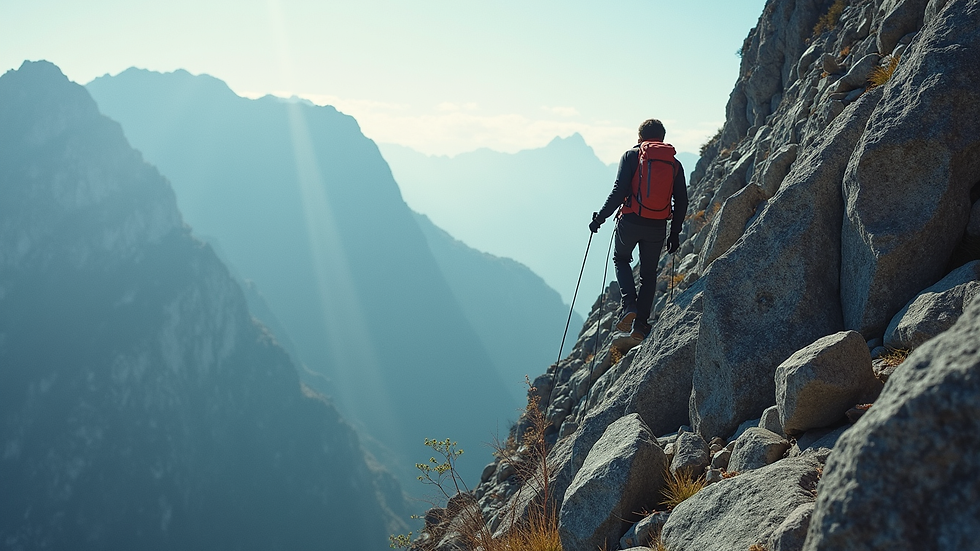 High angle view of a climber ascending a rocky mountain