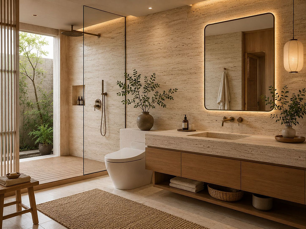 Ilustrasi kamar mandi Japandi Style dengan Travertine Creme pada dinding | Image generated by AI