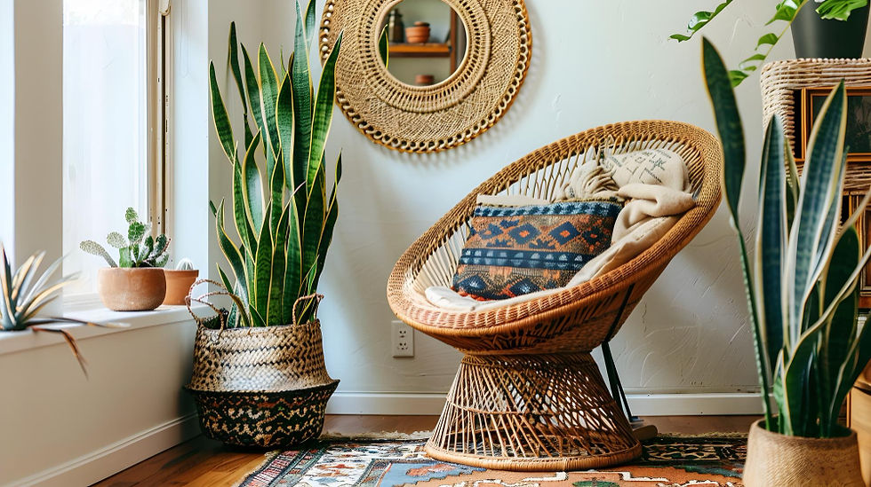 Ilustrasi dekorasi living room dengan gaya bohemian