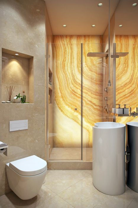 Ilustrasi penggunaan batu onyx pada kamar mandi | Image by decotrend on Pinterest