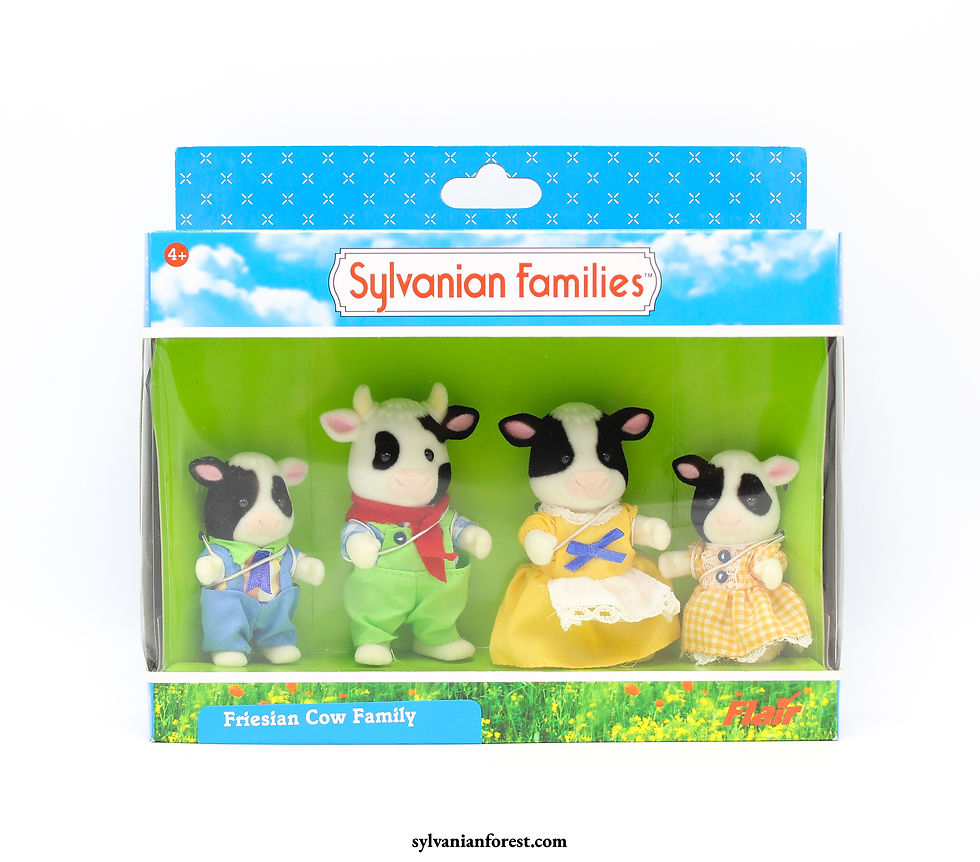 Buttercup Friesian Cow Family
Approximate Year: 2010
Country: United Kingdom
Brand: Sylvanian Families
Company: Flair
Reference Number: 4167
Notes: Hornbull, Daisy, Paddock & Annabell Buttercup