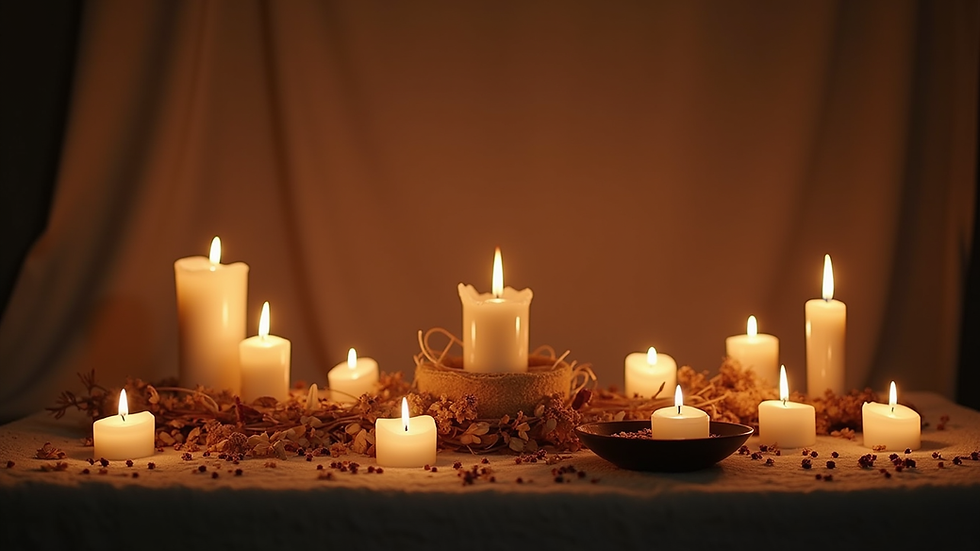 Eye-level view of a ceremonial altar with candles and herbs