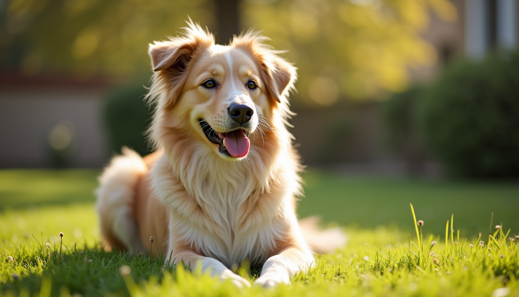 Vista frontal de um cão sentado em um jardim ensolarado