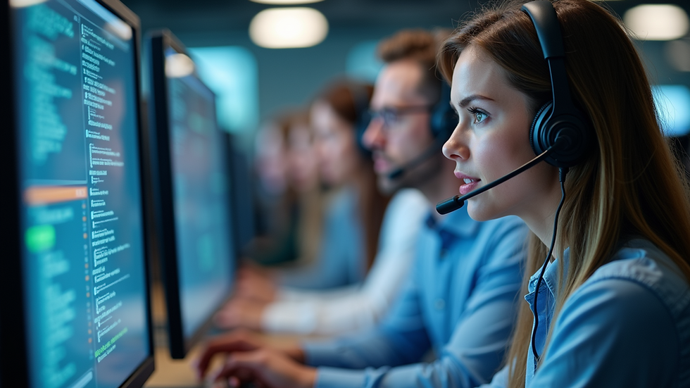 Close-up view of a technician monitoring IT systems on multiple screens
