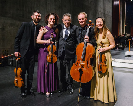 With Philip Glass after the World Premiere of his Piano Quintet at the Lied Center in Lincoln, NE. Photo by Walker Pickering