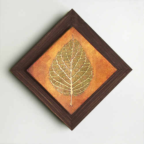 framed tobacco leaf Copper Art, Leaf Skeleton Etched Copper Wall Art with Cedar Frame