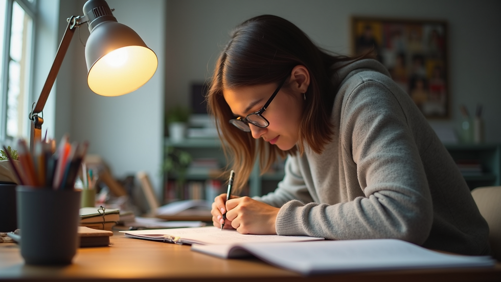 Eye-level view of a student working on a dissertation at a desk