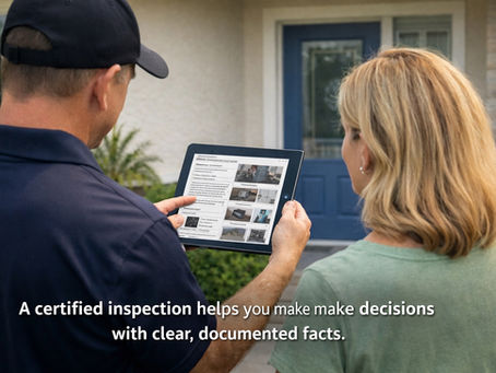 Certified home inspector in Florida reviewing a home inspection report with a homeowner