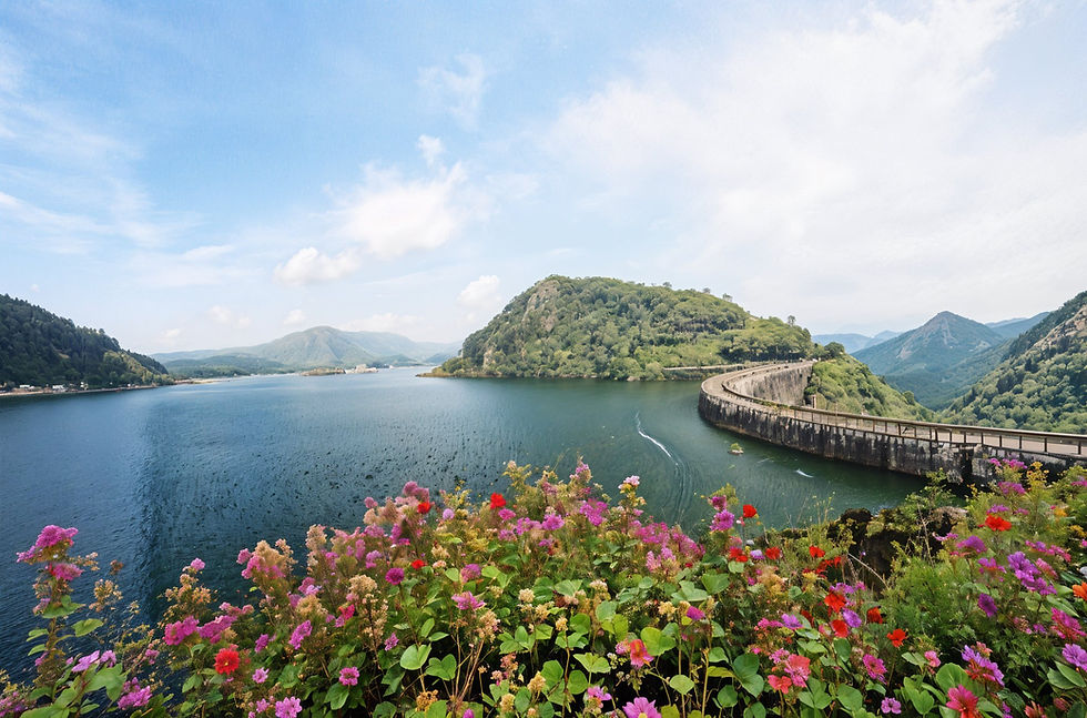 Scenic view of a blue lake with lush green hills, vibrant flowers in the foreground, and a curving road under a bright blue sky.