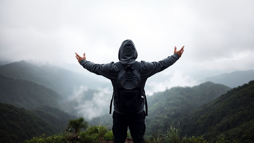 Person in a hoodie with arms outstretched overlooks misty mountains. Wearing a backpack, standing on a grassy cliff. Mood of freedom.