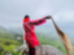 Person in a bright red raincoat stands on a rock, holding a tattered cloth. Overlooks a lush green valley under cloudy skies.