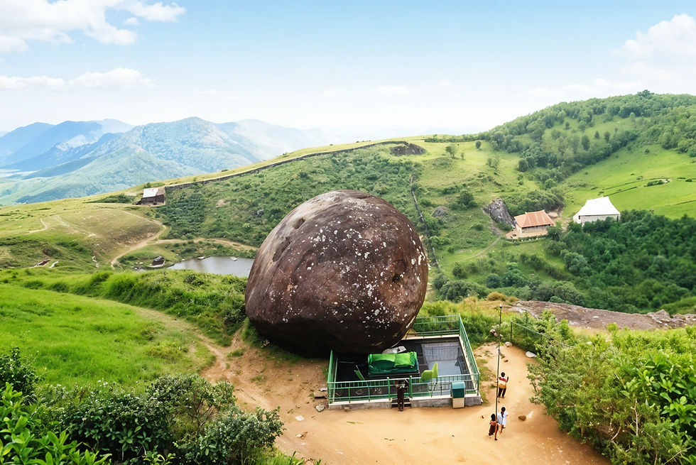 A massive rock sits atop a hill with lush green valleys and distant mountains. People are nearby, and a small structure is fenced in front.