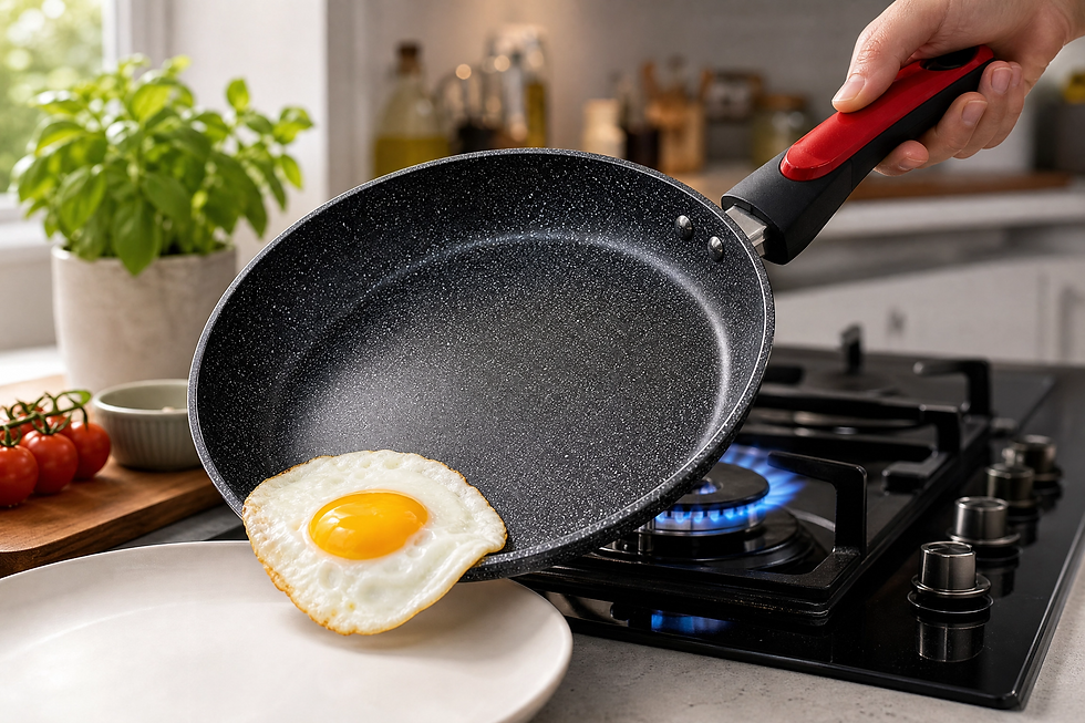 Mão inclinando a Frigideira Antiaderente 24cm para deslizar o ovo frito perfeito para o prato