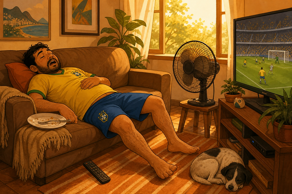 Ilustração divertida de homem brasileiro dormindo no sofá de camisa da seleção com futebol na TV, ventilador ligado e prato vazio ao lado