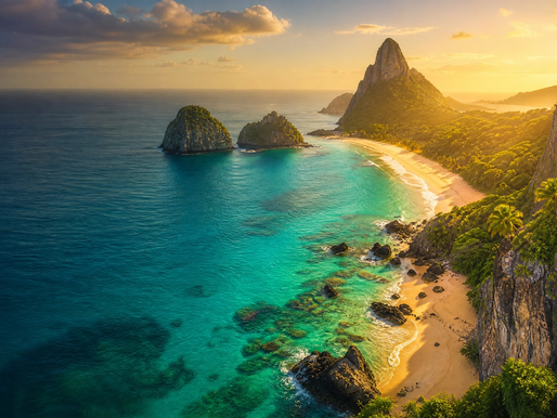 Vista aérea da Baía do Sancho em Fernando de Noronha e Pontal do Atalaia em Arraial do Cabo, as duas praias brasileiras no ranking mundial 2026