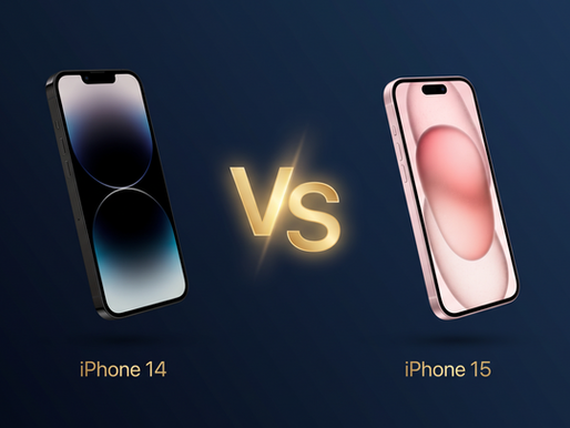 Comparativo iPhone 14 vs iPhone 15 com os dois modelos flutuando sobre fundo azul marinho e texto VS dourado