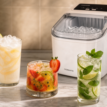Três drinks gelados (Limonada Suíça, Caipirinha de Morango e Mojito) com a Máquina de Gelo Compacta 12kg da Vinny Vende ao fundo