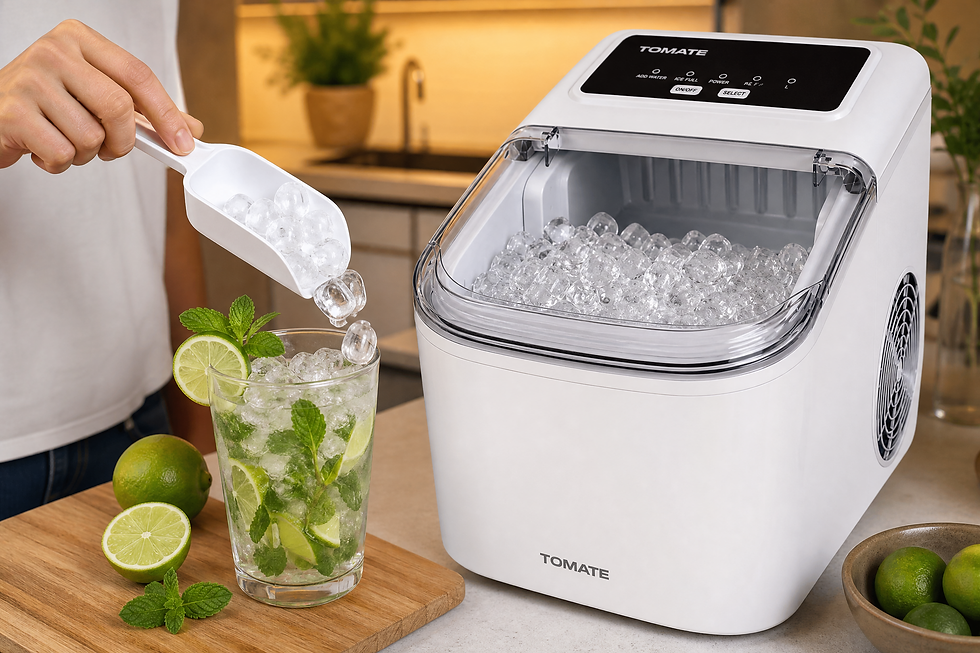 Mão usando a pá coletora da Máquina de Gelo Compacta Tomate para preparar um Mojito em casa