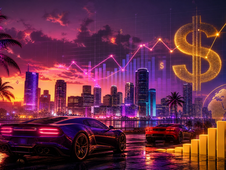 Vice City com carros de luxo e gráficos financeiros em neon