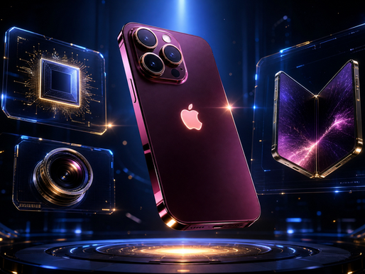 iPhone 18 Pro conceito em Dark Cherry com chip A20 Pro, câmera tripla e iPhone Fold ao fundo em 2026