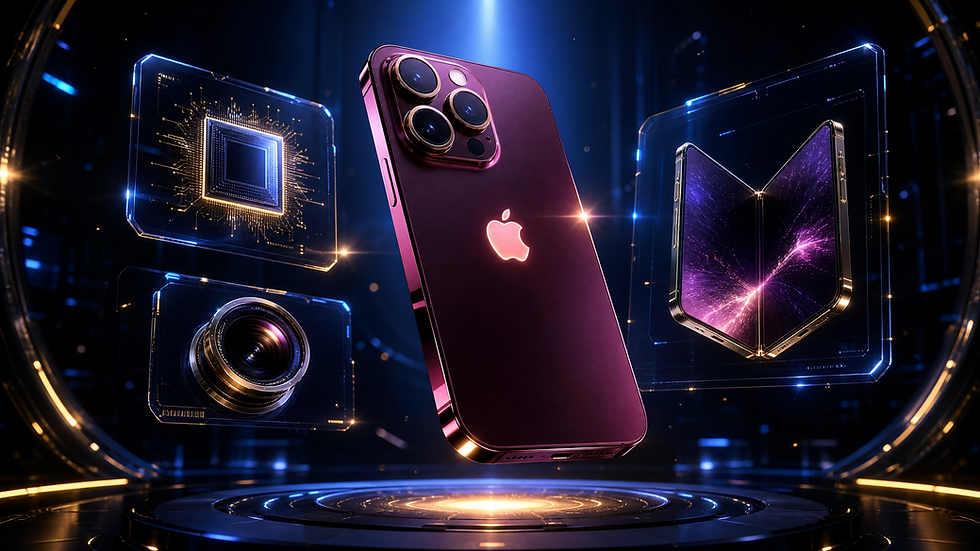 iPhone 18 Pro conceito em Dark Cherry com chip A20 Pro, câmera tripla e iPhone Fold ao fundo em 2026