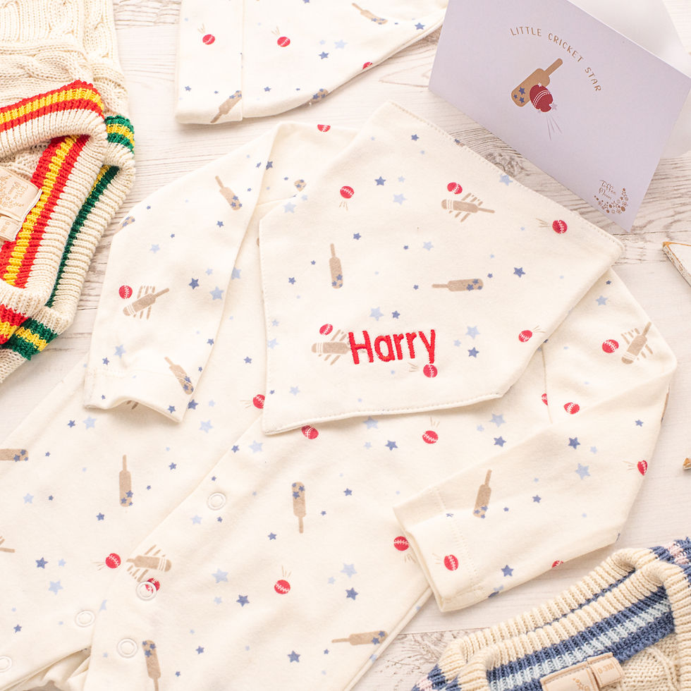 Personalised Little Cricket Star Babygrow, Hat, Bib Set with Red Name