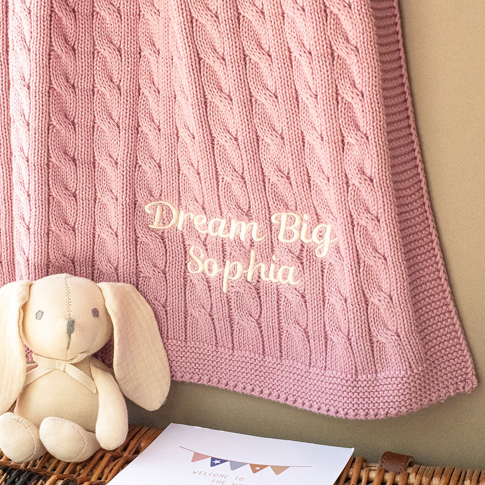Personalised Dawn Pink Cable Knit Baby Blanket for Girls with cream embroidered name