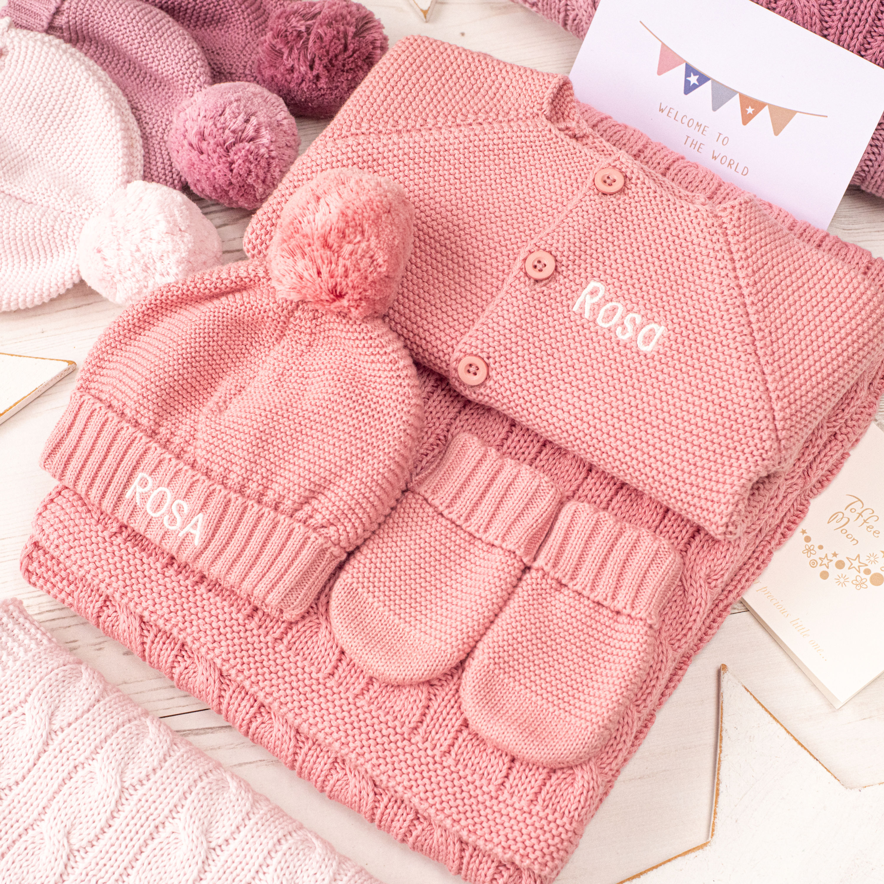 Blush Pink Baby Blanket, Cardigan,Big Bobble Hat and Mittens Gift Set
