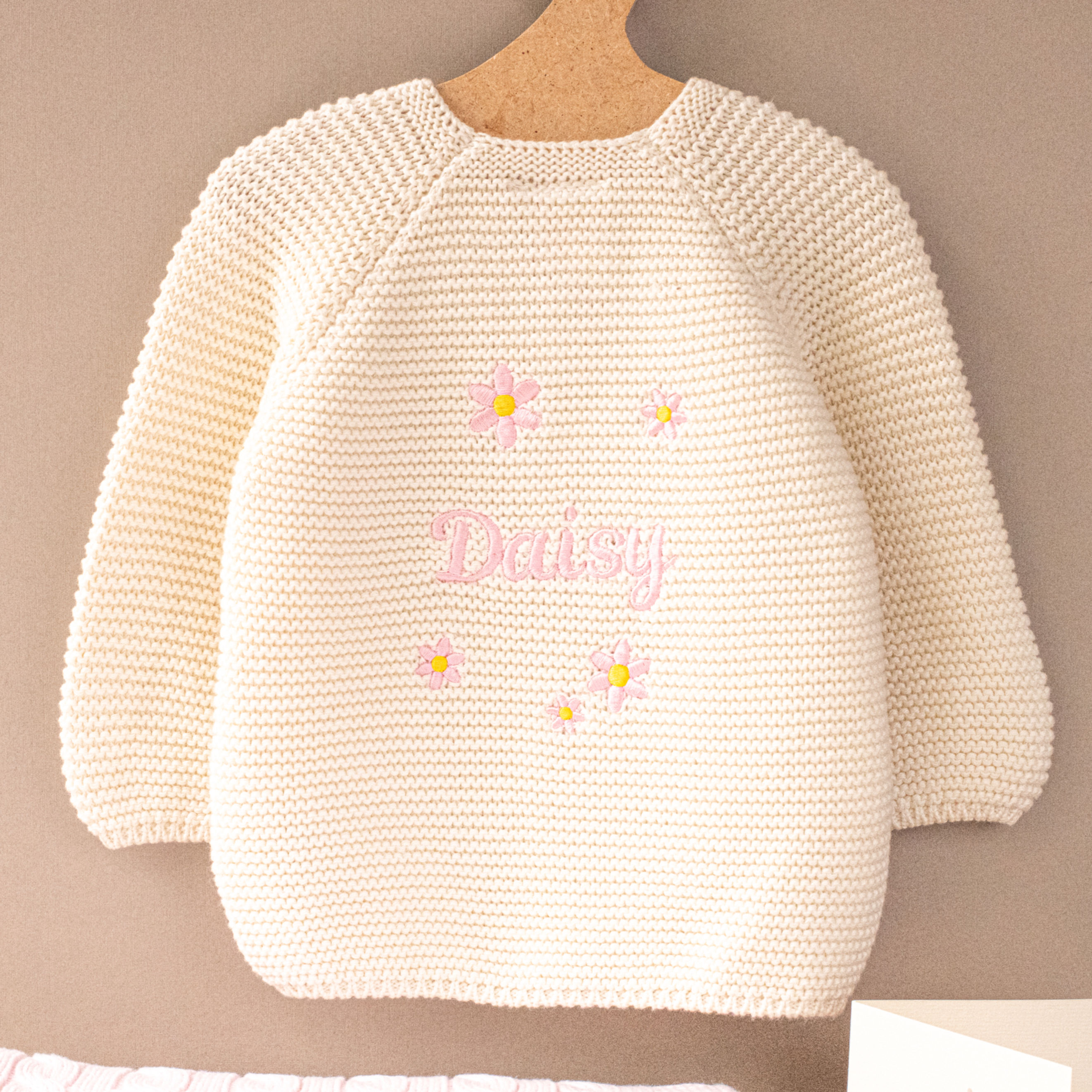Personalised Cream Baby Cardigan with Pink Daisy and Name Embroidery