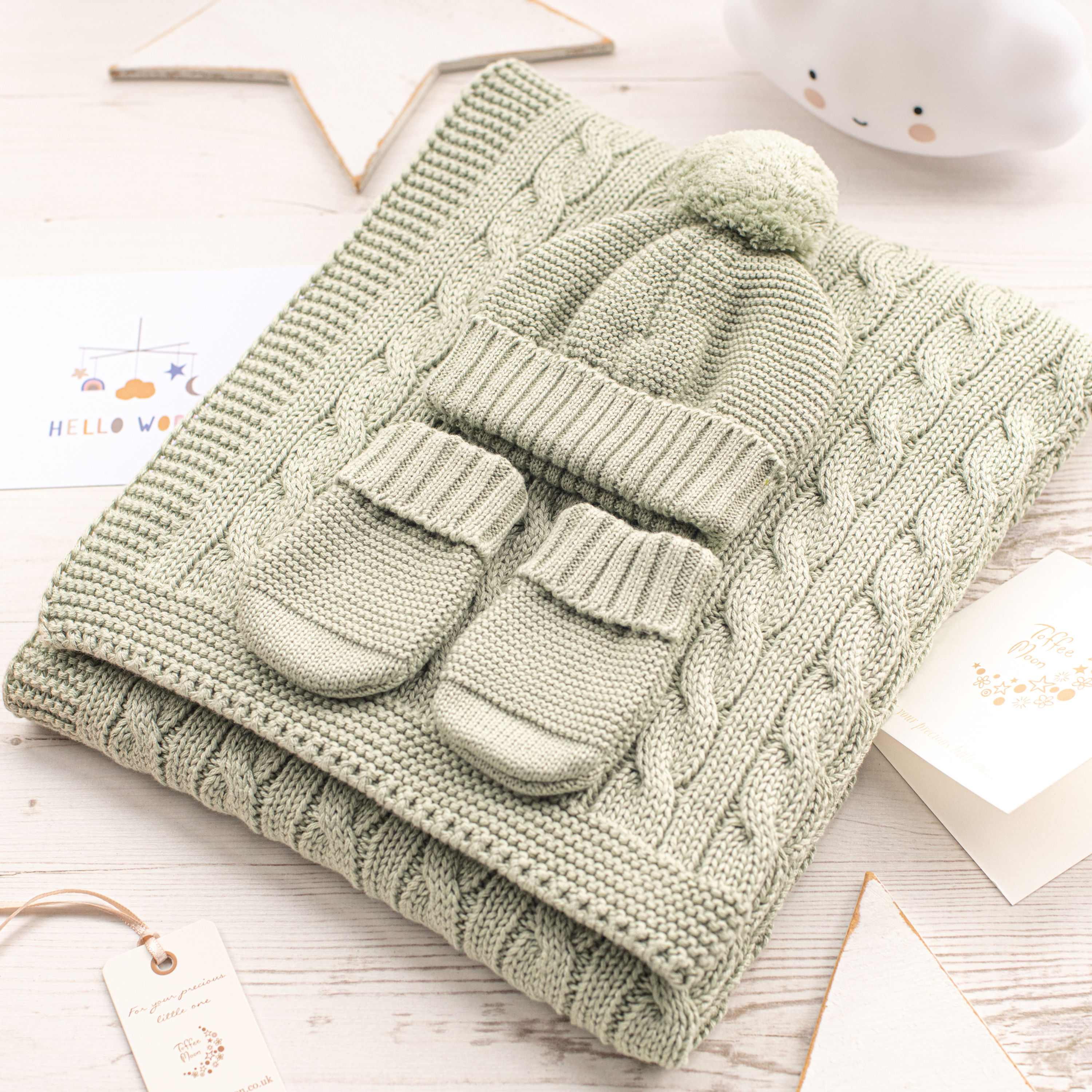 Sage Green Baby Blanket, Big Bobble Hat and Mittens  Gift Set
