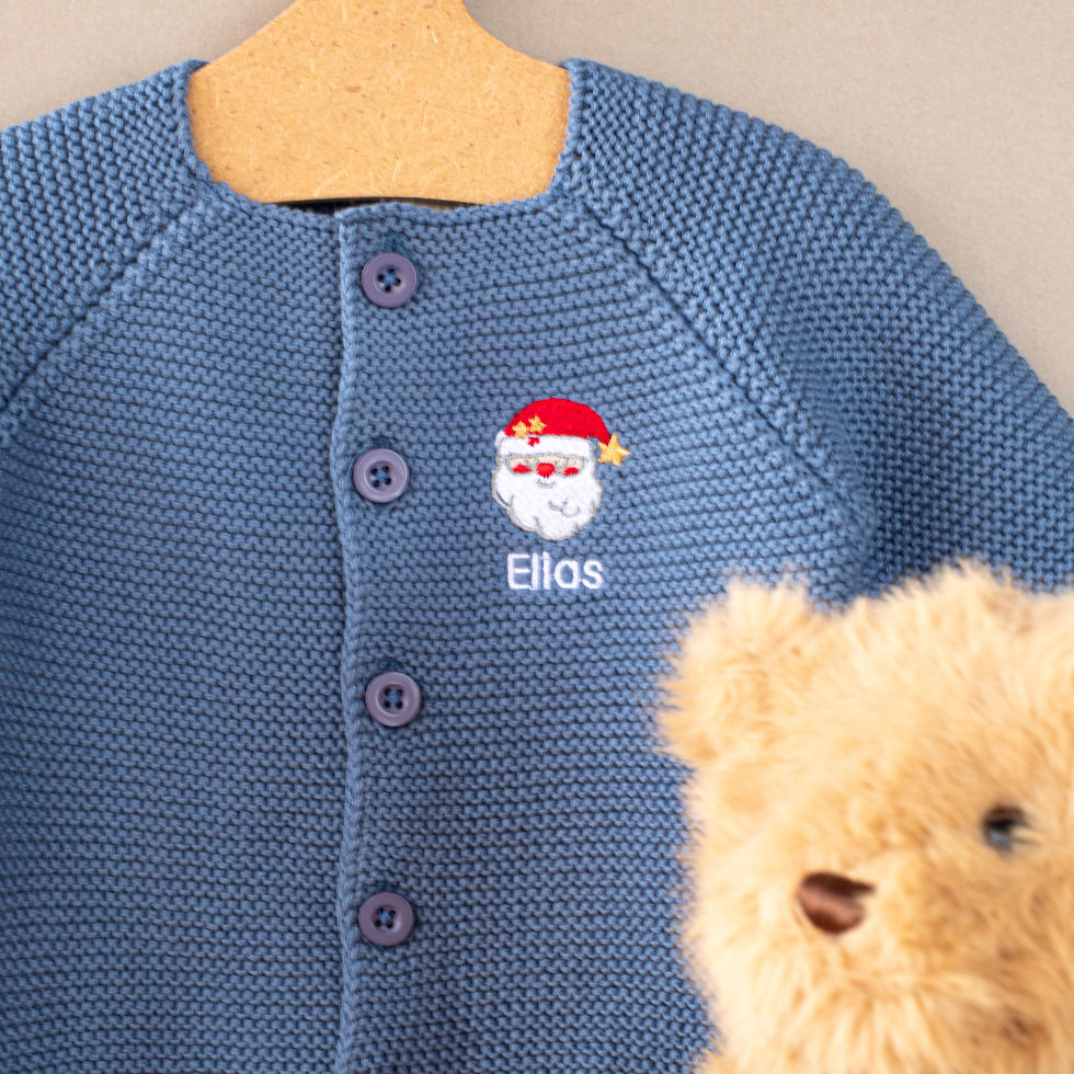 Personalised Christmas Santa Baby Cardigan in Storm Blue