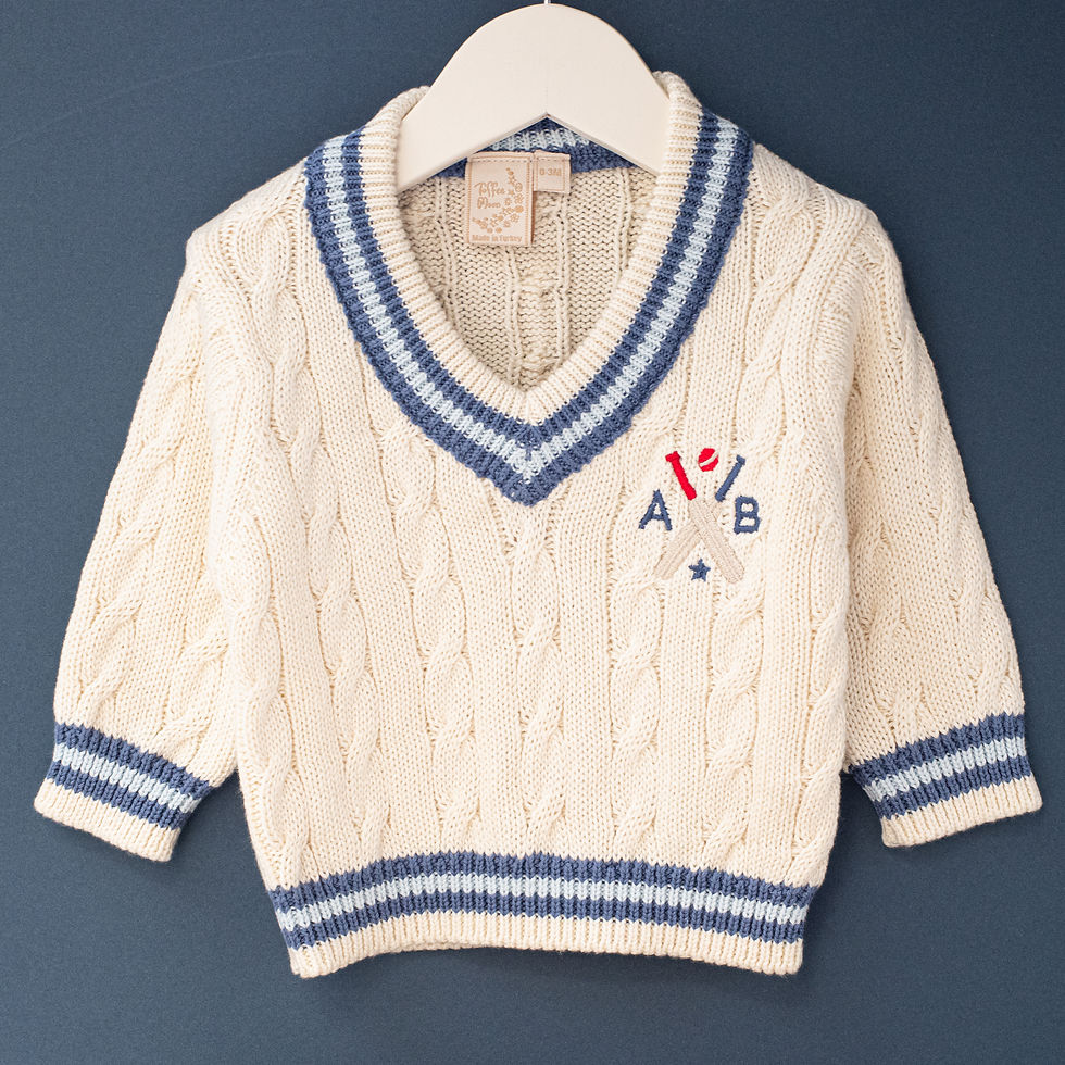 Little Cricket Club Personalised Baby Jumper with Blue Stripes