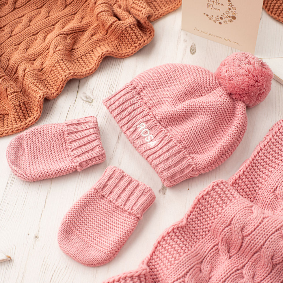 Thumbnail: Blush Pink Bobble Hat and Mittens Set