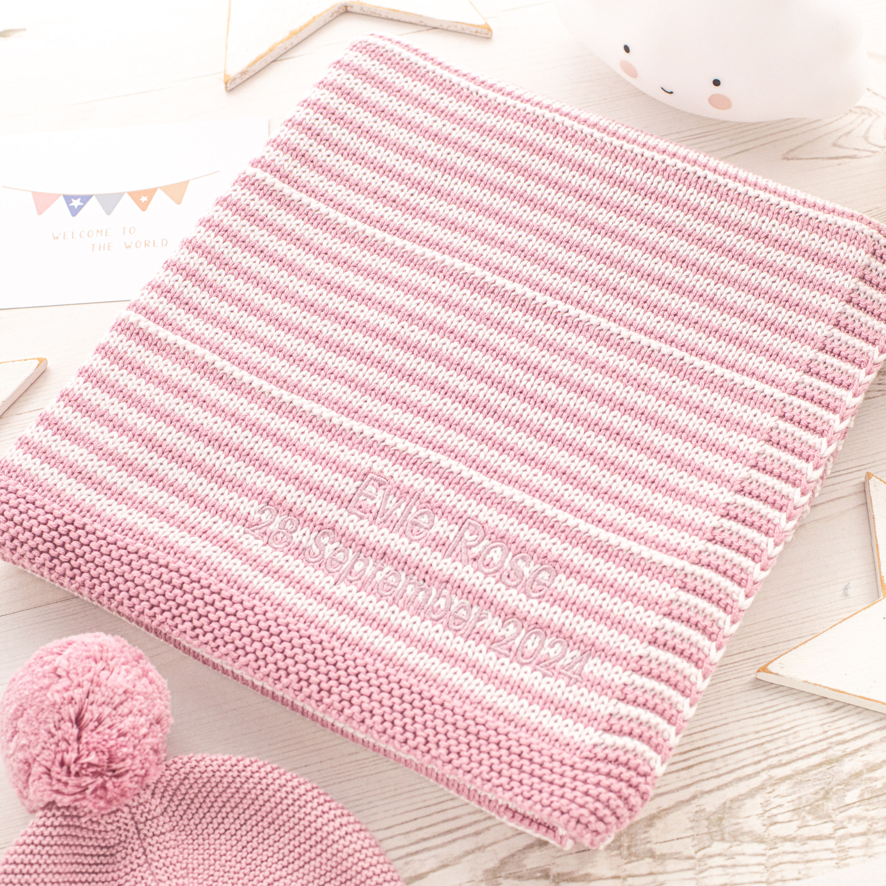 Dawn Pink and Petal Pink Dainty Stripe Personalised Baby Blanket