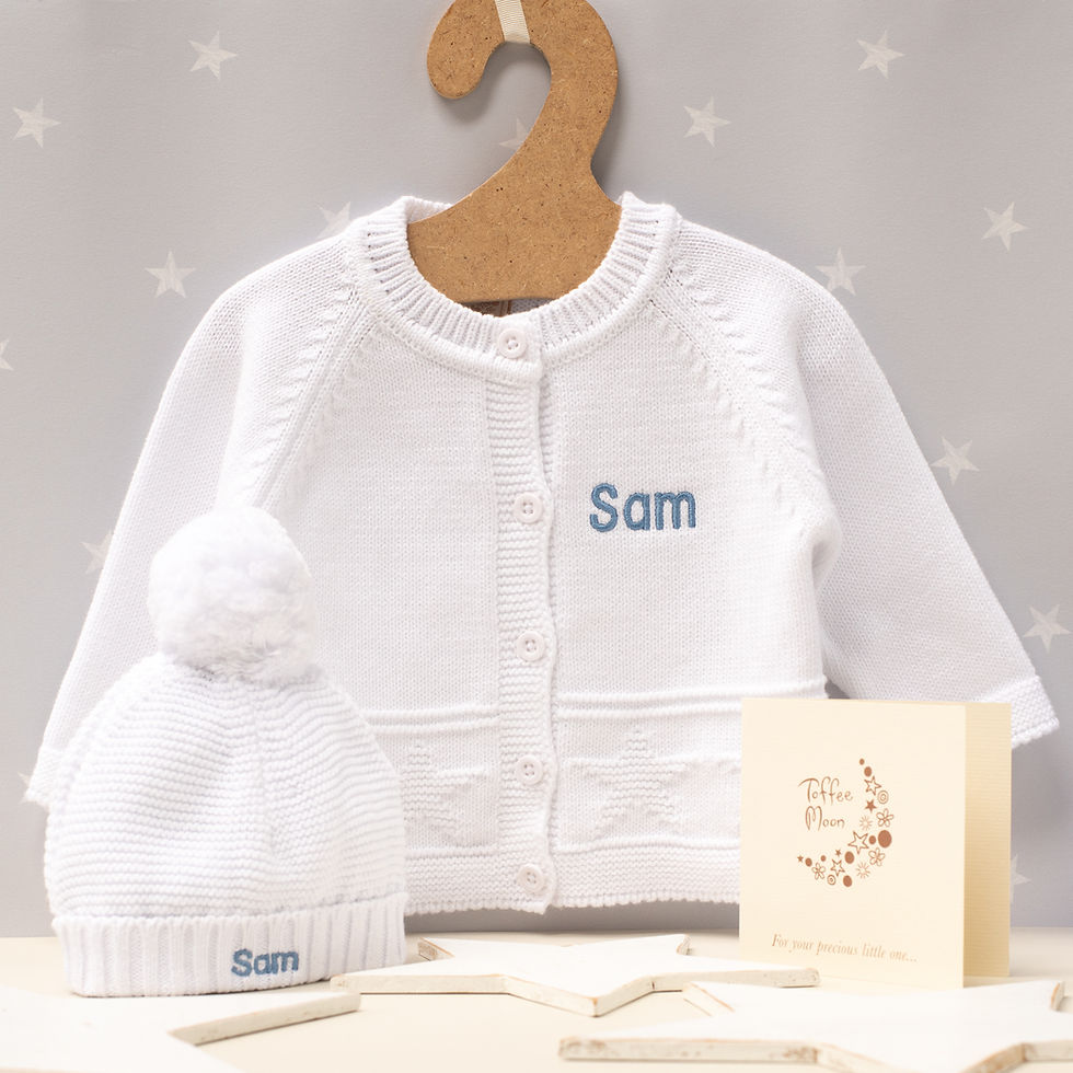 Thumbnail: White Star Cardigan, Bobble Hat and Mittens Set
