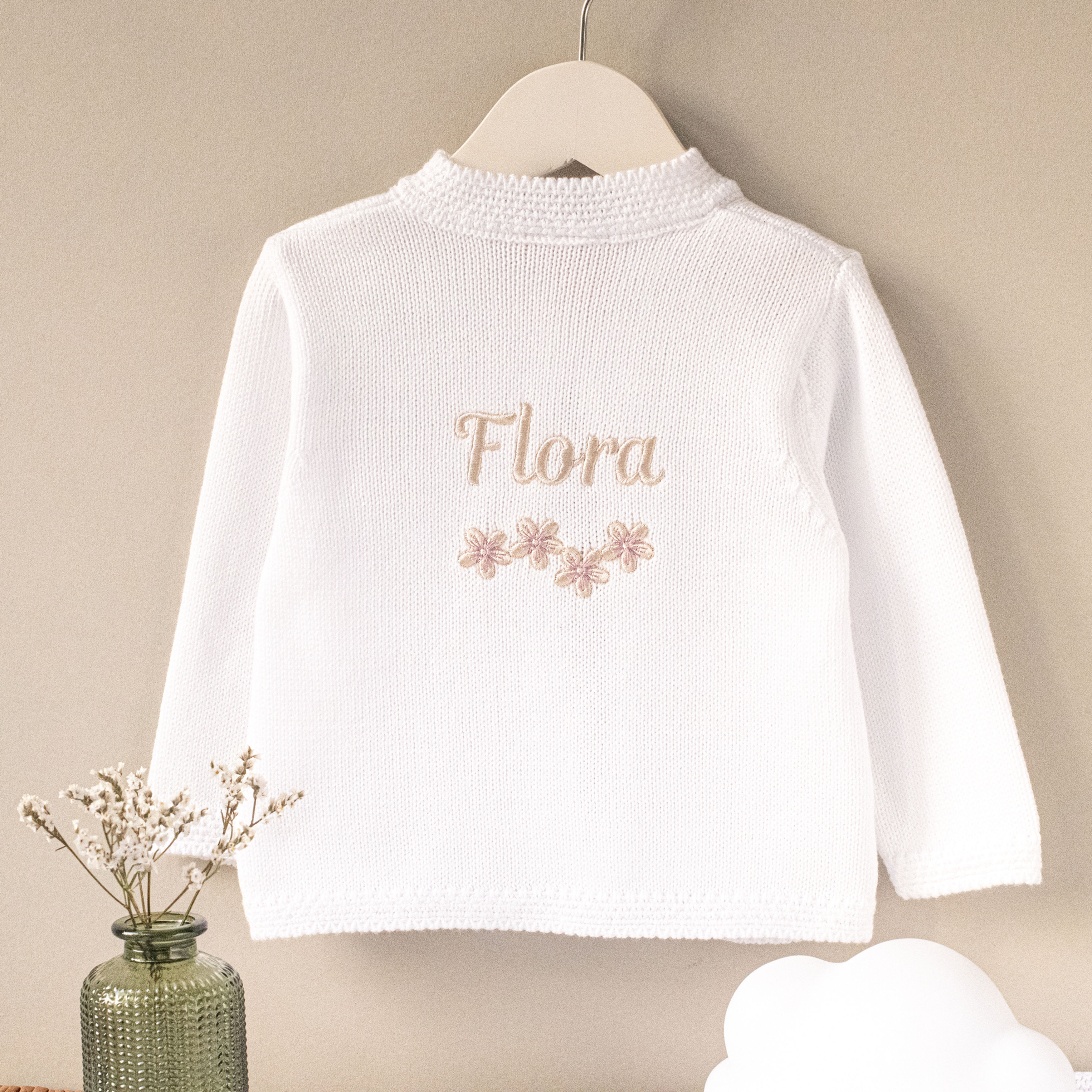 Personalised White Blossom Cardigan For Baby Flower Girls with stone embroidery